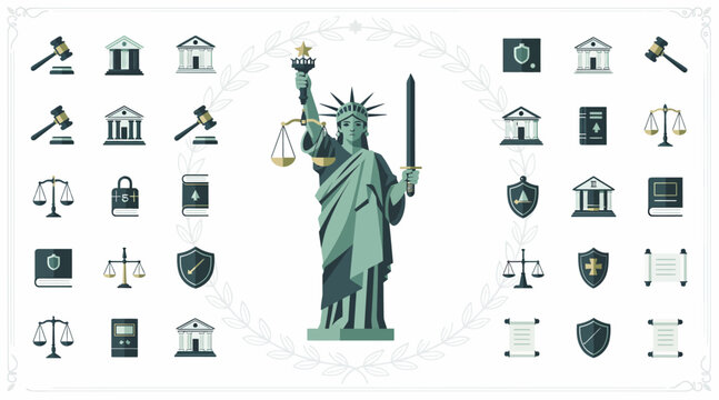 Lady Liberty, Justice Icons: Law, Court, Government, Freedom Symbols