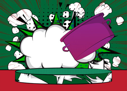 Comic Book Product podium stage for mockup presentation with Kitchen Pot. Retro comics background.