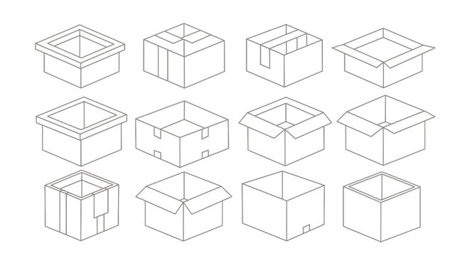 Collection of empty isometric boxes and packaging outlines in a grid layout.