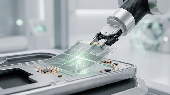 Robotic arm assembling flexible electronic circuit board in high tech factory, automation in electronics manufacturing industry for smart devices