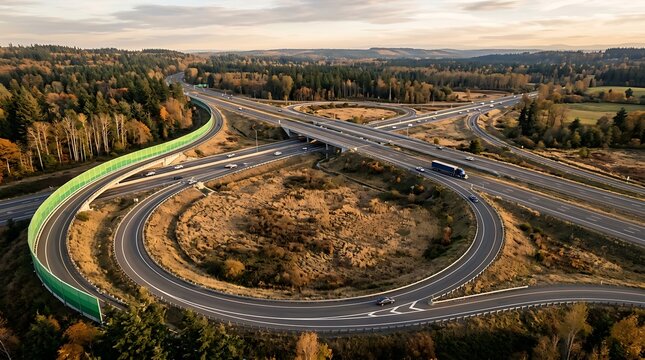 An aerial perspective shows a complex highway cloverleaf interchange where vehicles navigate through various ramps surrounded by autumn forests during a golden sunset at the end of the long day