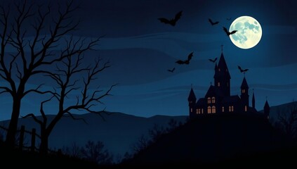 Fototapeta premium A mysterious castle under a full moon with bats flying in the night sky