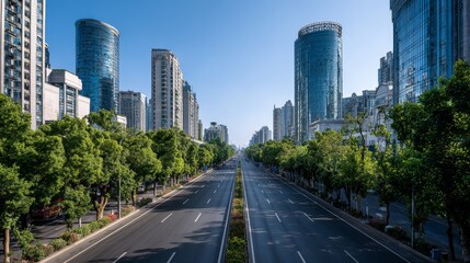 Obraz premium urban highway stretching into the distance with no vehicles, flanked by green trees and high-rise glass buildings under clear blue sky