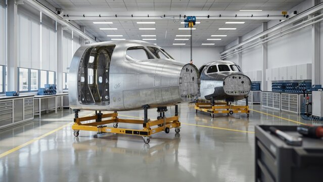 Aluminum airplane cockpit fuselage sections in an aircraft assembly factory