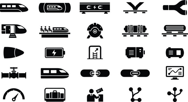 Hyperloop and High Speed Maglev Train Transportation Icon Set with Vacuum Tubes Battery Power Stations Track Switches and Futuristic Transit Symbols for Vector Design