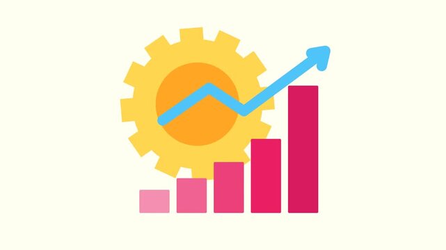 Animated bar chart and gear with upward arrow showing increasing trends representing financial growth and business optimization