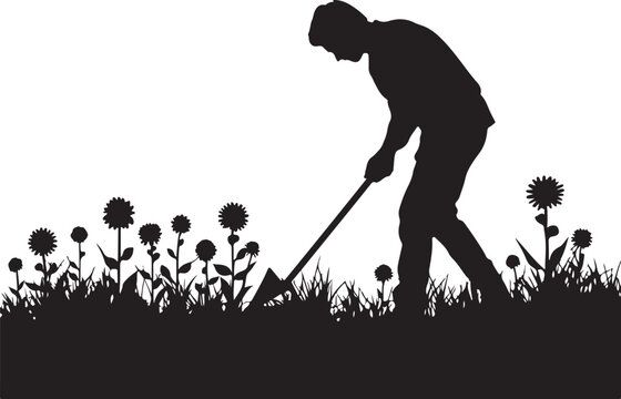 Silhouette of a man digging in a field with dandelions person