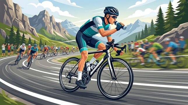 Professional cyclist racing on winding mountain road