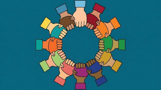 Diverse hands joined in a circle of unity and partnership