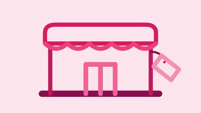 Minimalist pink storefront icon animation with swinging price tag representing retail sales and ecommerce marketing