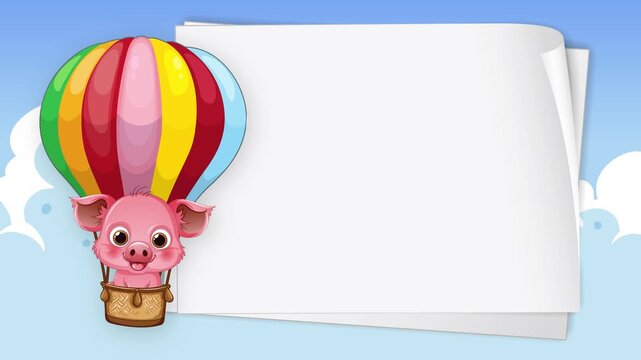 Cartoon Pig in Hot Air Balloon with Blank White Paper Background