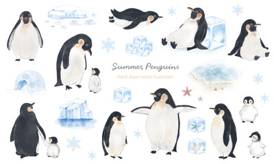 夏をイメージしたペンギンと氷のゆるかわ水彩イラストセット © 桜 みずき