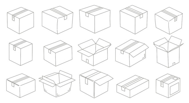Collection of blank cardboard boxes in various stacked and arranged positions for display and design concepts.