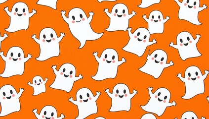 Fototapeta premium A playful pattern of smiling ghosts dancing on an orange background.