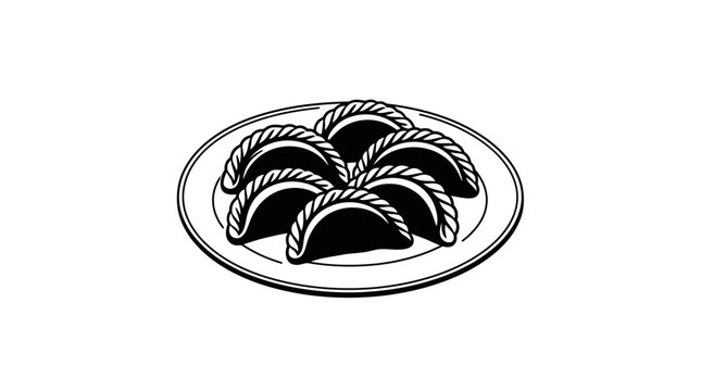 A black and white line art illustration of a plate filled with several empanadas.