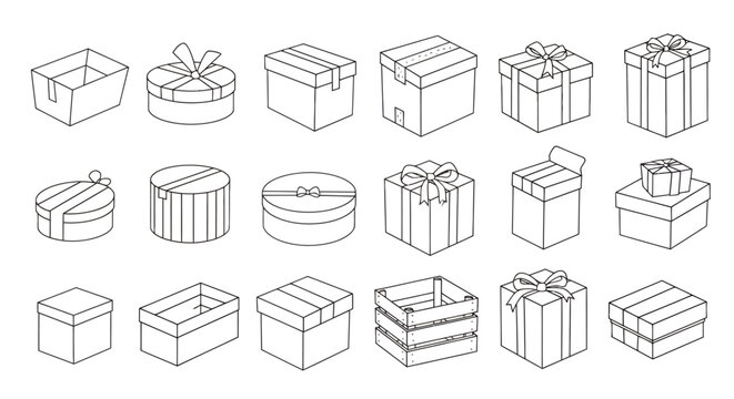 Collection of assorted gift boxes in various shapes and patterns for celebration and display.