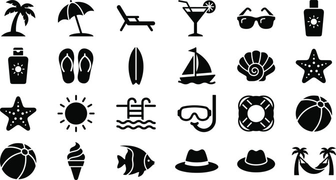 Summer Beach Vacation and Tropical Resort Icon Set with Palm Tree Umbrella Sunglasses Surfboard Sunscreen and Swimming Pool Symbols for Travel Graphic Designs