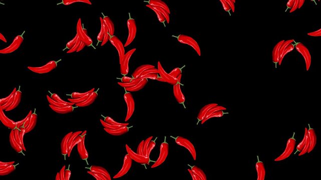 Red Chili Peppers Falling Against a Solid Black Background