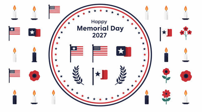memorial day 2027, american and texas flags, candles and poppies