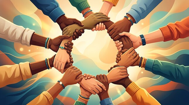 Diverse hands joined in a circle representing unity and teamwork