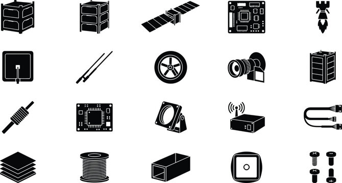 Aerospace Engineering and CubeSat Satellite Component Icon Set with Circuit Board Camera Lens Antenna Thruster and Wire Spool Symbols for Vector Design