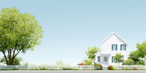 Obraz premium White house with a fence and trees against a clear blue sky background