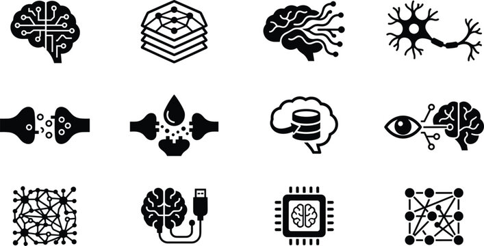 Artificial Intelligence and Neural Network Icon Set with Digital Brain Chip Computer Vision Synapse and Machine Learning Symbols for Vector Illustration Style