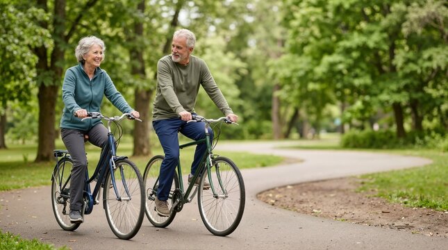 Elderly Caucasian couple riding bicycles on a paved path in a green park. Active senior man and woman cycling together. Healthy retirement lifestyle concept