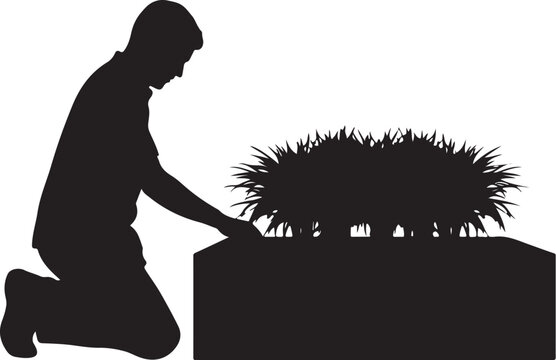 Silhouette of a man kneeling, touching a large plant person