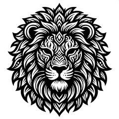 Fototapeta premium Majestic Lion Head with Ornamental Tribal Patterns Black and White Vector Illustration