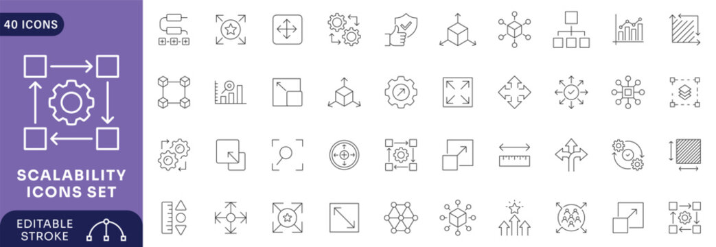 Scalability icon set. Containing expansion, scalable resize, growth, performance, capacity, adaptability, efficiency. Editable stroke