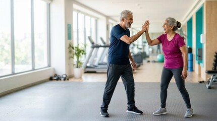 Fototapeta premium Senior couple high fiving after a workout in a gym. Happy active elderly man and woman celebrating fitness success. Healthy aging and lifestyle concept