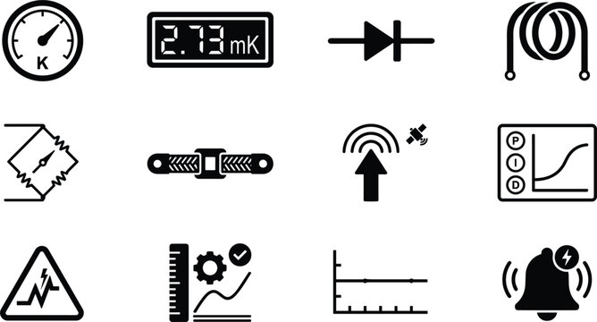 Cryogenic Engineering and Electronic Physics Lab Icon Set for Precision Measurement Instruments, Electrical Circuit Components, and Quantum Computing Systems Vector Illustration Style