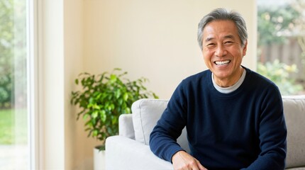 Fototapeta premium Smiling senior East Asian man sitting on a sofa. Happy elderly male showing healthy white teeth at home