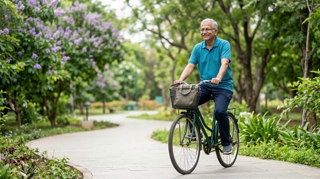 Senior man riding a bicycle in a green park. Smiling elderly male cycling on a paved path outdoors
