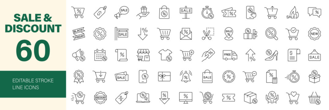 Sale and Discount icon set. Editable line icons. Vector illustration.