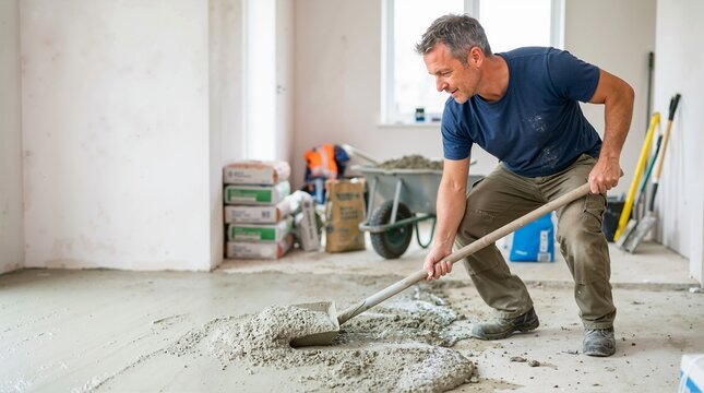Man spreading wet concrete screed on a floor with a shovel. Floor leveling and home renovation construction project