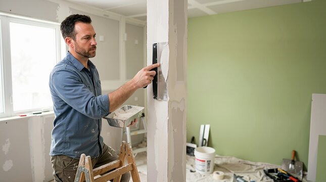 Man plastering drywall column with trowel and mud pan. Contractor applying joint compound on stepladder. Interior wall finishing and repair