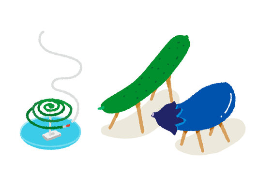 日本の夏 蚊取り線香とお盆飾り(精霊馬と精霊牛)のベクターイラスト