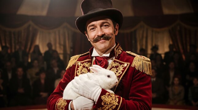 A charismatic Victorian style magician wearing a classic top hat and ornate red tailcoat holds his fluffy creature while performing an enchanting show for an audience inside a historic circus