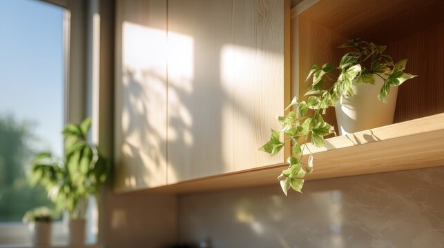Natural Light Enhances Indoor Plants on Kitchen Shelves