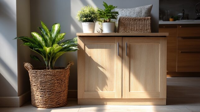 Modern Wooden Cabinet with Plants in Bright Interior Setting