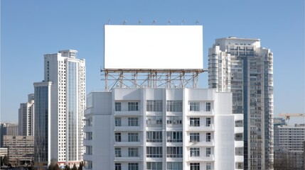 Obraz premium Blank Billboard on a Modern Building with City Skyline Background