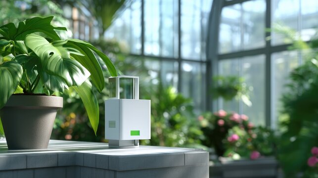 Modern Indoor Plant Care Device in a Bright Greenhouse Setting