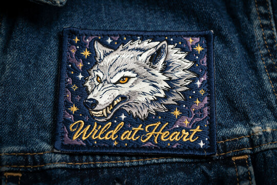Embroidered wolf patch, denim jacket decoration, Wild at Heart design, starry night motif