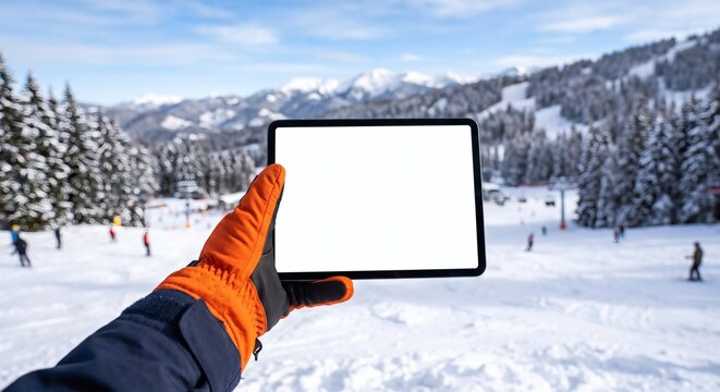 Blank white smart tablet screen mockup held by winter snowboarding glove POV at ski resort