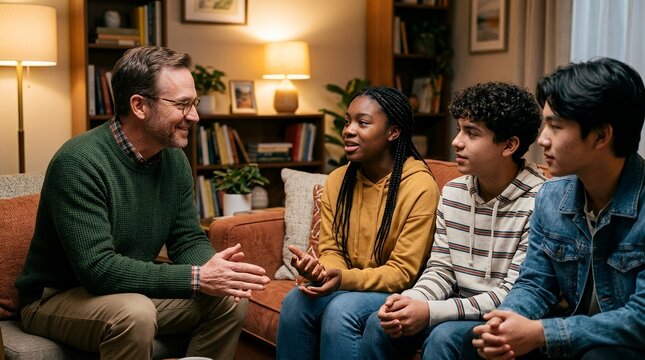 An adult man in a green sweater sits on a sofa, talking to three diverse teenagers (a Black girl, a boy, and an Asian boy) in a cozy living room setting.
