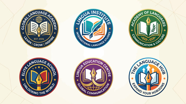 Language school emblem badges set.