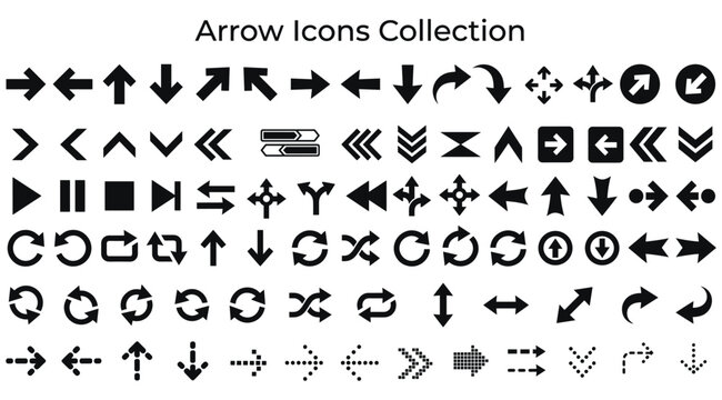 Arrow Icons Collection. Navigation, Direction, Move, Refresh, Media Control and Cursor Symbols Set. Vector illustration.