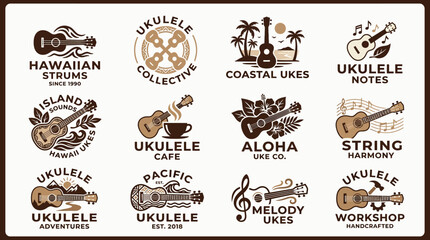 Vintage ukulele music shop branding and badge collection. © Egriva